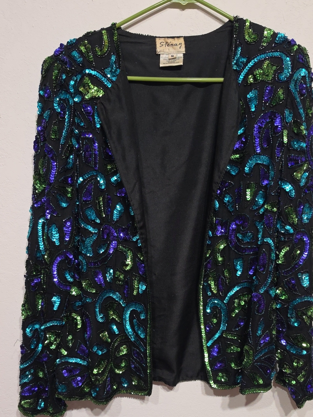 Vintage Stenay Black Jacket with Iridescent Blue, Green & Purple Sequins